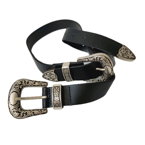 Western Embossed Metal Floral Scrolled Black Leather Double Buckle Belt - Picture 1 of 9